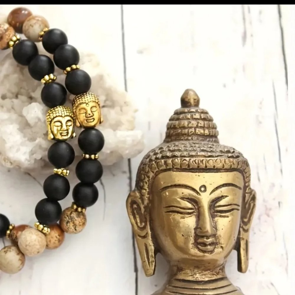 1pc Buddha (Gold & Black) Volcanic Frosted Stone Bead Bracelet
